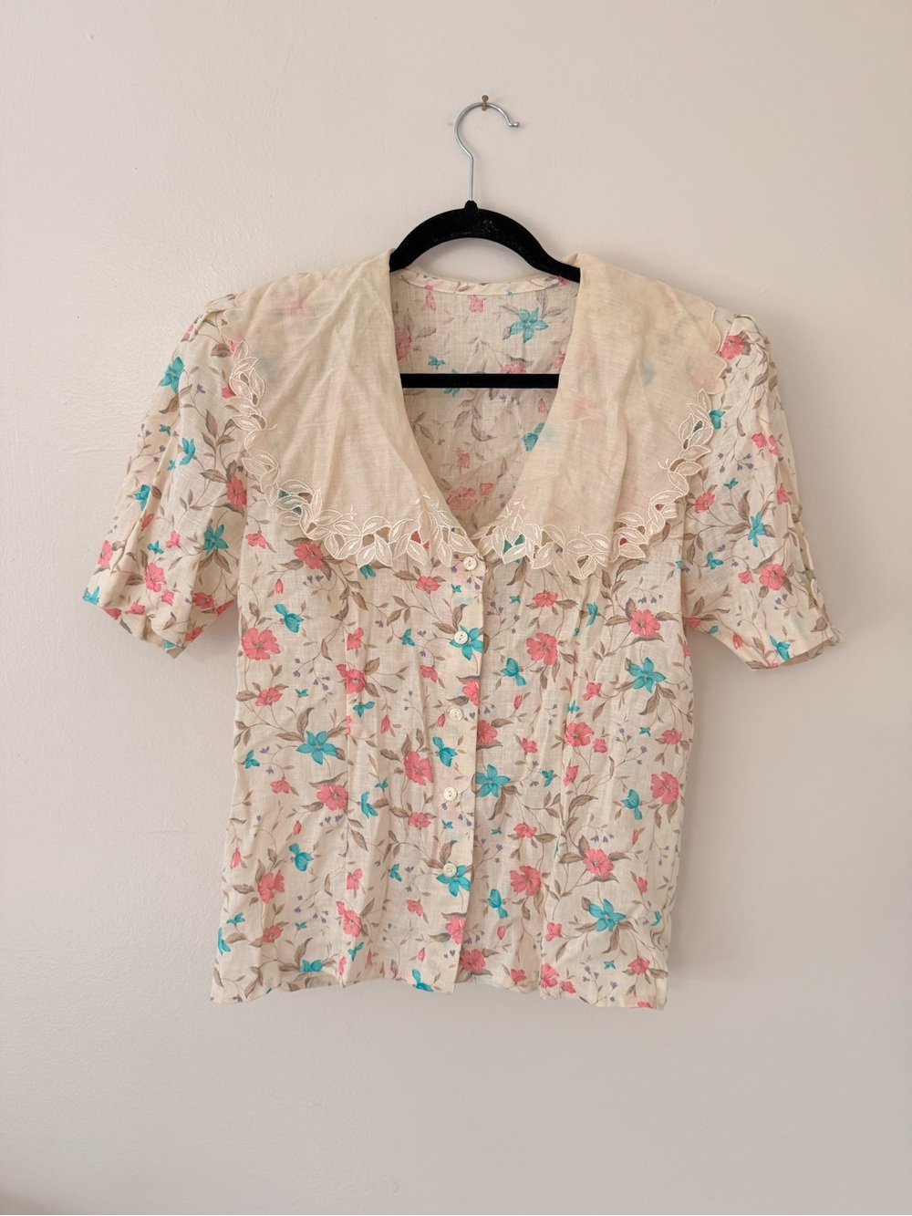 Vintage Floral Short Sleeve Button Blouse w/ Lacy Sailor Collar Doncaster II -MD - Picture 3 of 15